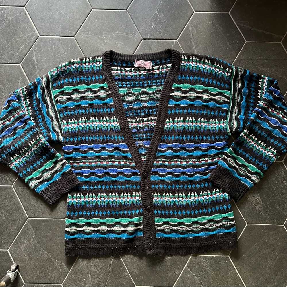 VTG Blue Toned Concrete Coogi Style Chunky Knit Cardigan Sweater